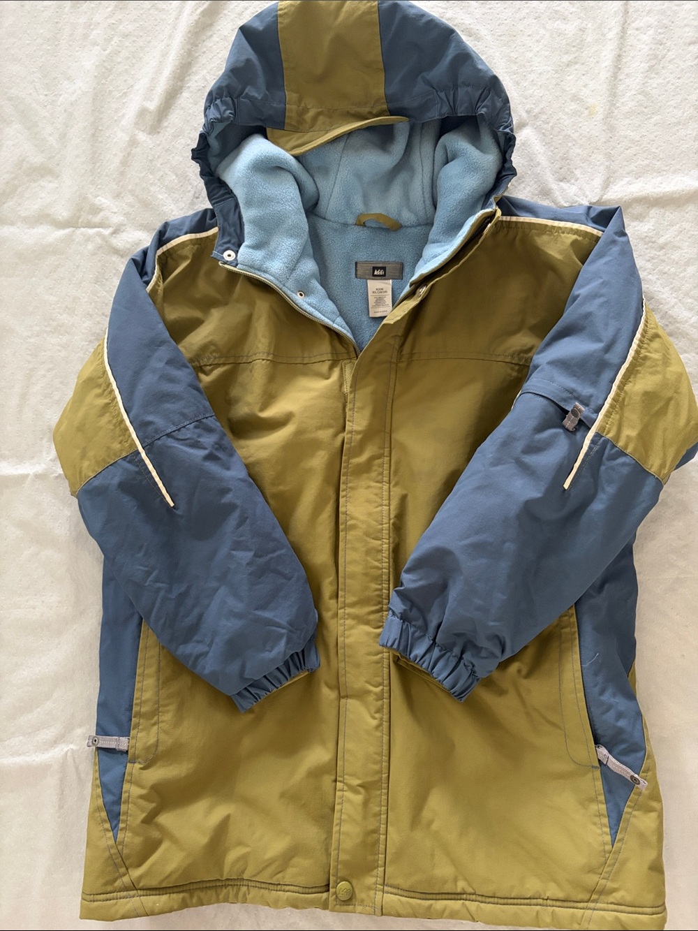 REI Olive Green and Blue Kids Hooded Puffer Jacket